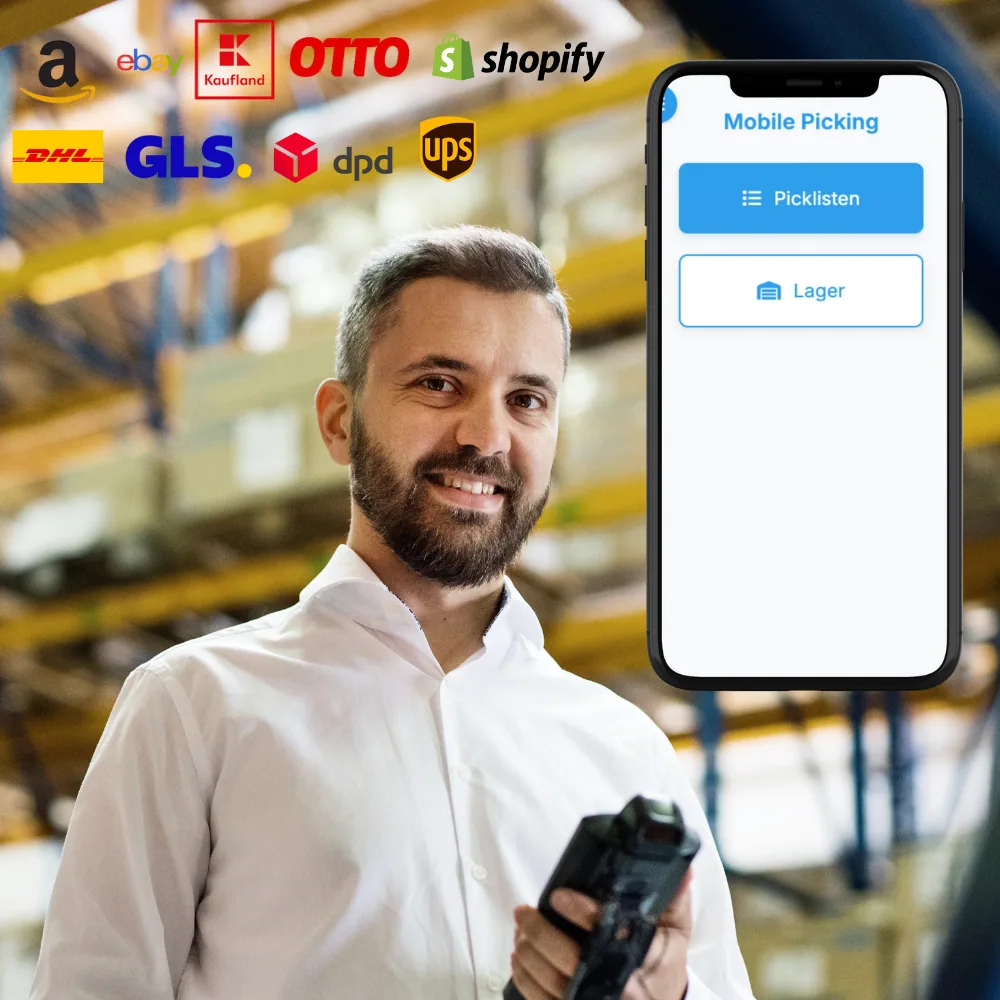 Lagermitarbeiter mit Scanner und der beeShip.io Lager App für mobiles Picking