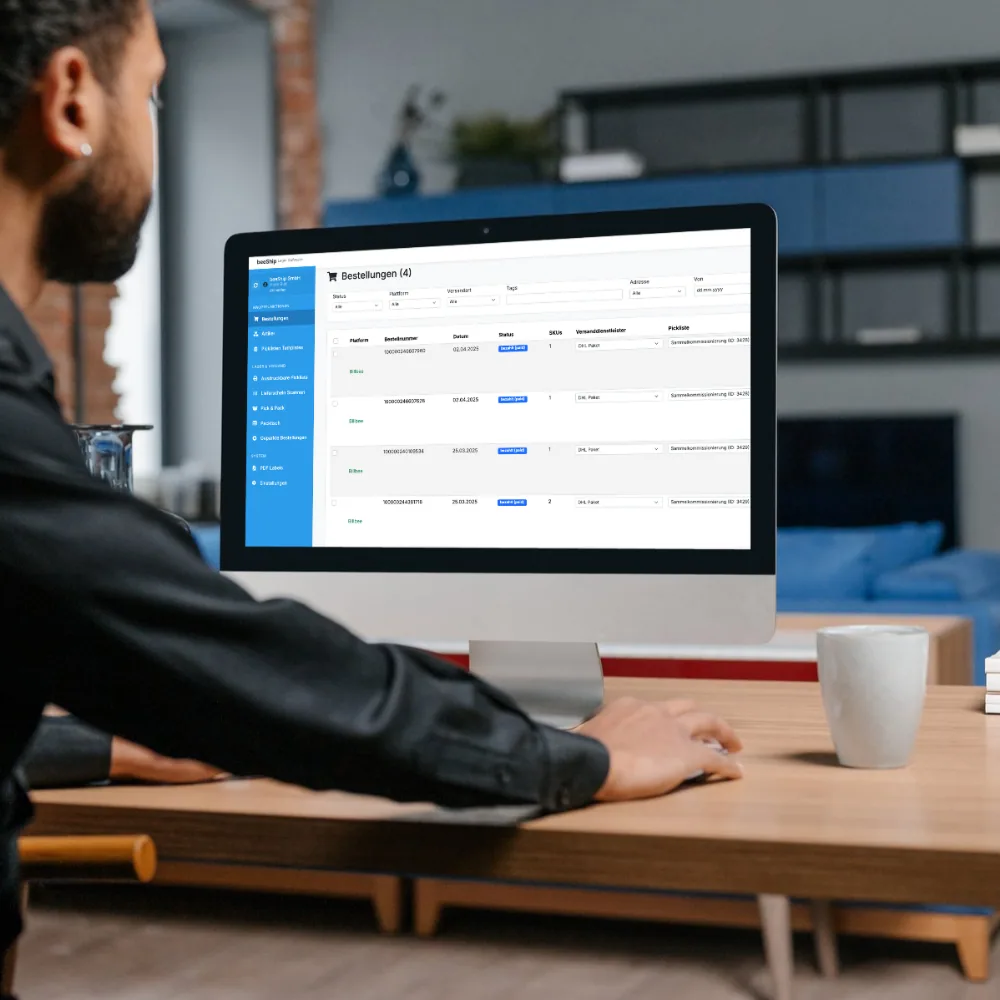 Mitarbeiter bearbeitet Bestellungen am Bildschirm in der beeShip Bestellmanagement Software
