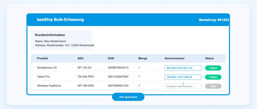 beeShip Bulk-Erfassung