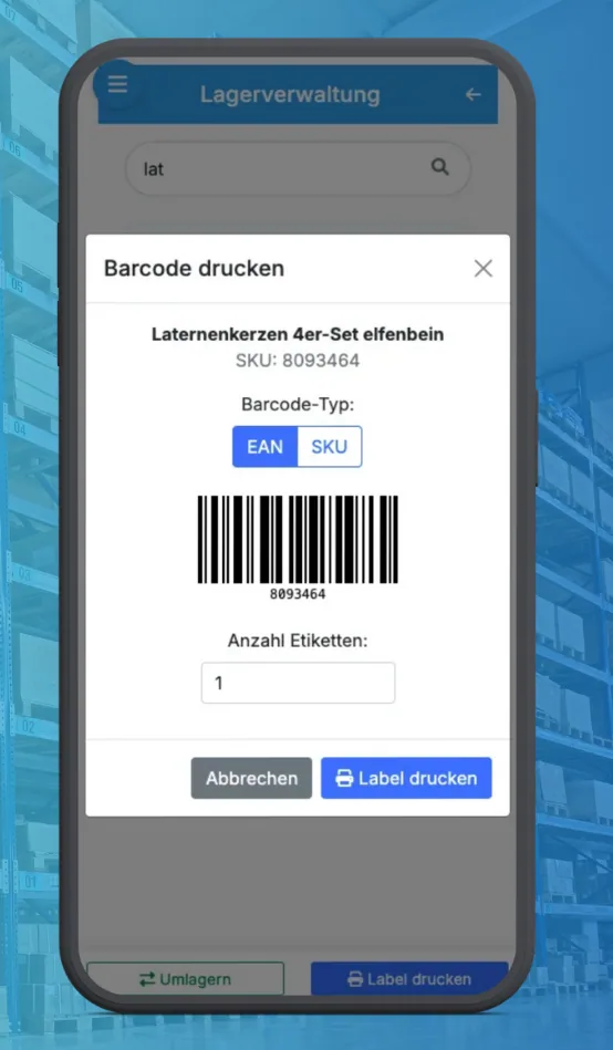 Barcode-Etikett für einen Artikel in der beeShip App drucken