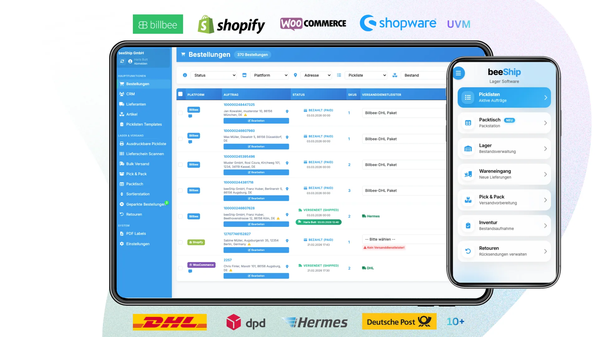 beeShip Lagerverwaltung für Magento: Bestellübersicht, mobile App und Versanddienstleister